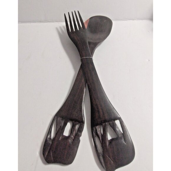 Vintage African Hand Carved Wooden Salad Fork & Spoon 12.5" Elephant  handles - Picture 1 of 10